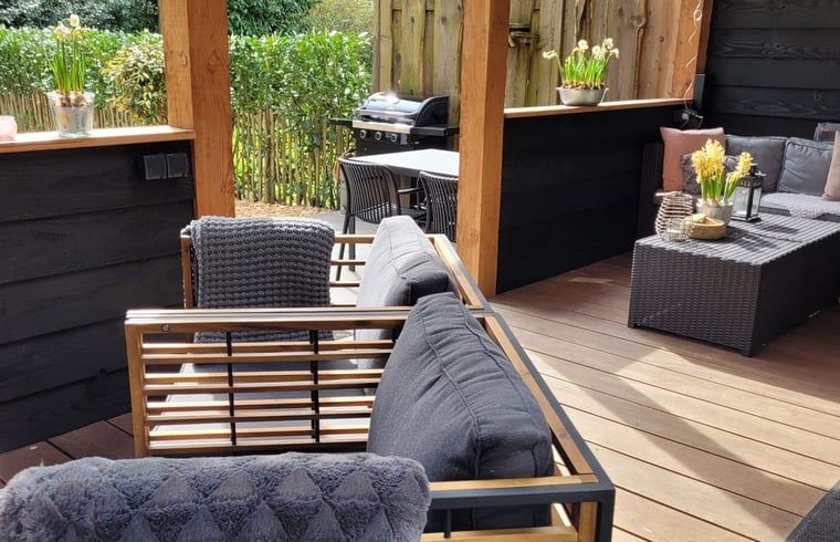 Enjoy the cozy veranda of Holiday Home in Epe in Veluwe, Gelderland, with comfortable seating areas and green surroundings.
