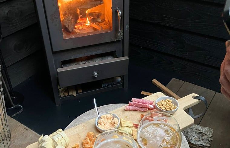 Cozy interior of Cottage in Epe, Veluwe with warm wood stove and drinks board, perfect for relaxation in Gelderland.
