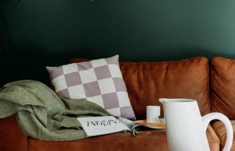 Comfortable sofa in Cottage in Nunspeet, Veluwe, with cozy pillows and a warm blanket.