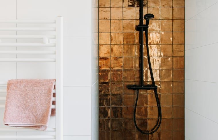 Modern shower in Holiday cottage in Nunspeet, Veluwe, with luxury finishes and stylish tiles.