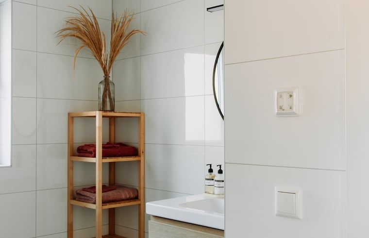 Stylish bathroom in cottage in Nunspeet, Veluwe, with wooden shelf and modern sink.