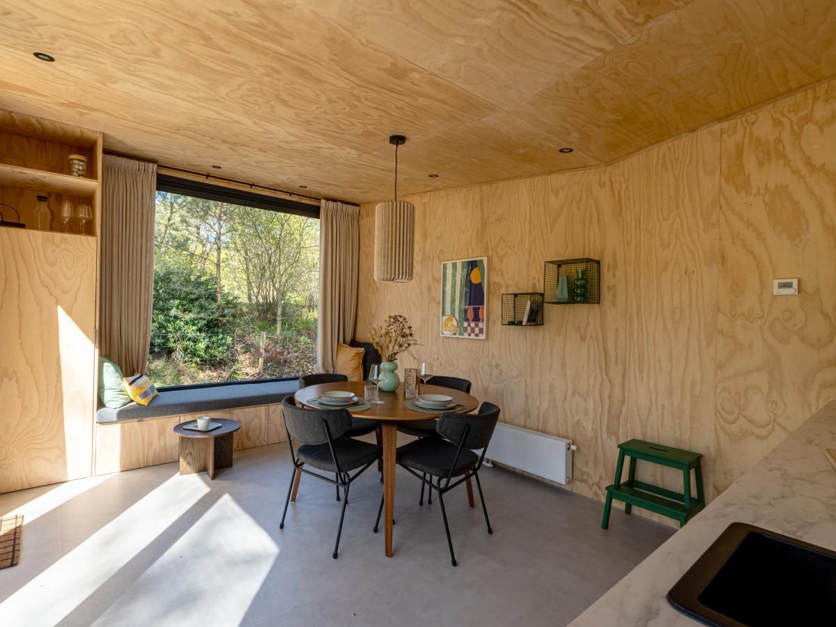 Gezellige binnenruimte van vakantiehuis Mos in Nunspeet, Veluwe met houten interieur en uitzicht op de natuur van Gelderland.