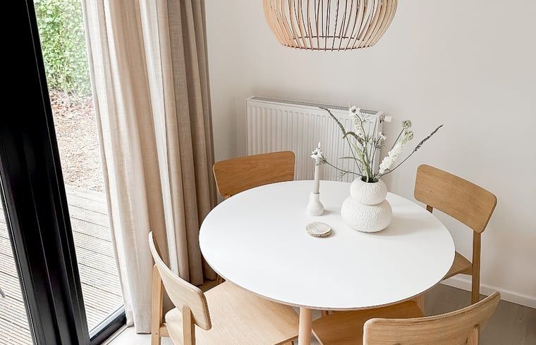 Stylish dining area in Cottage in Nunspeet, Veluwe, Gelderland with modern wooden furniture and views of nature.