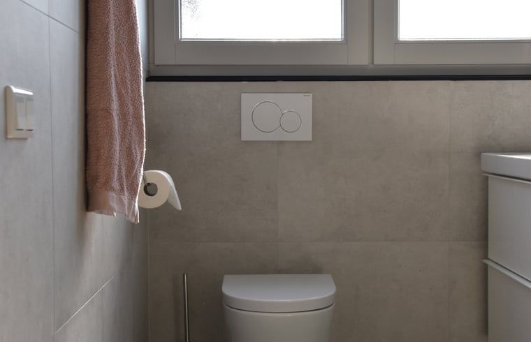 Stilvolles Badezimmer mit Toilette im Ferienhaus in Lunteren, Veluwe, Gelderland.