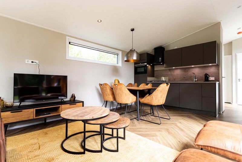 Stilvolles Wohnzimmer und Kueche in Silva 5 Personen Wellness-Ferienhaus, Lunteren, Veluwe, mit bequemen Moebeln und Essecke.
