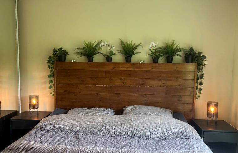 Cozy bedroom in Cottage in Lunteren, Veluwe, with wooden headboard and plants.