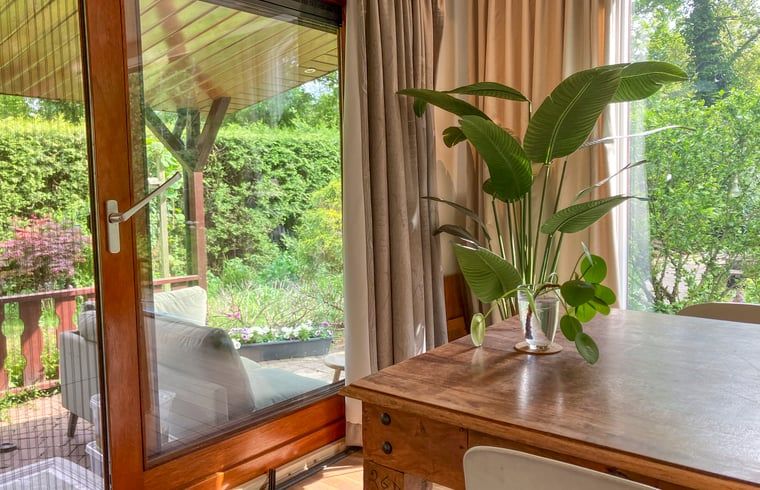 Interior of Cottage in Lunteren, Veluwe, with large windows and views of greenery.