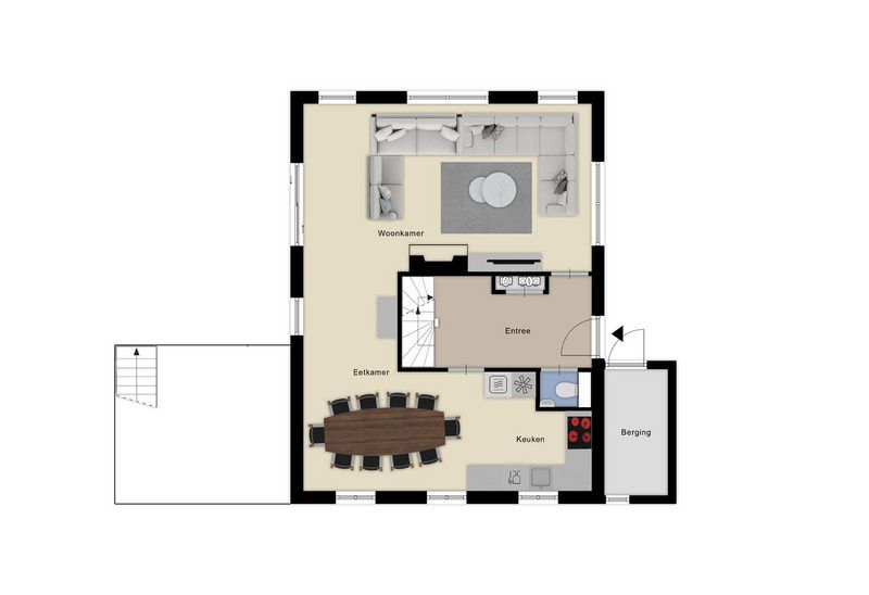 Erdgeschossplan von Boshoeve 10 Personen Wellness Spa Ferienhaus in Lunteren, mit Kueche und Wohnzimmer.