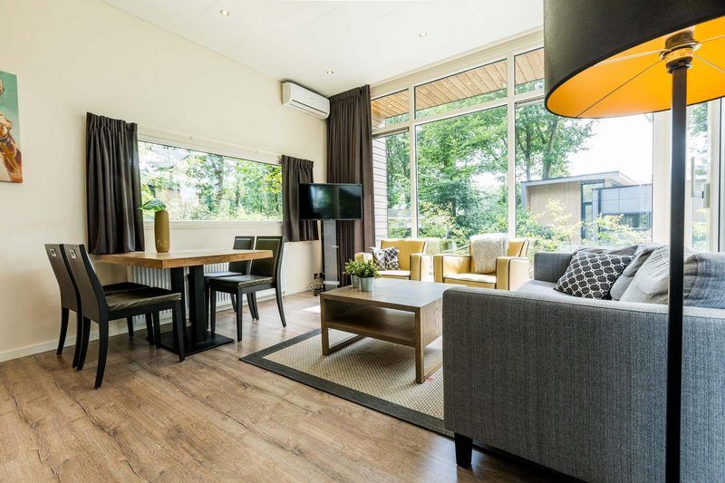 Geraeumiges Wohnzimmer mit Blick auf die Natur in Modul II 5 Personen Wellness, Lunteren, Veluwe.