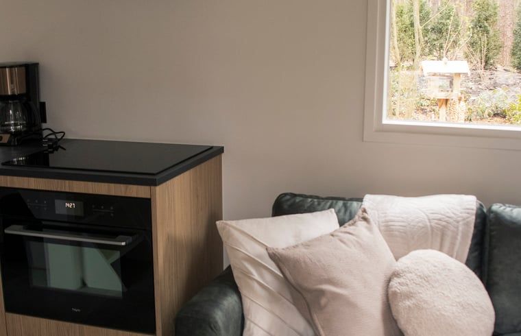 Vakantiehuisje in Uddel, Veluwe, met een stijlvolle badkamer en natuurlijke elementen.