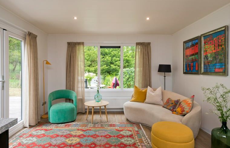 Stijlvolle woonkamer van Vakantiehuis in Rheden met kleurrijk interieur, Veluwe, Gelderland.