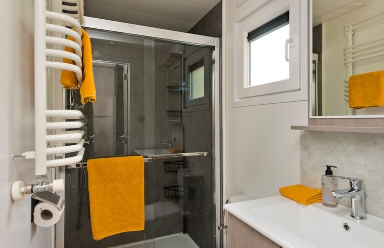 Wastafel met spiegel in badkamer van Vakantiehuis in Rheden, Veluwe, Gelderland.