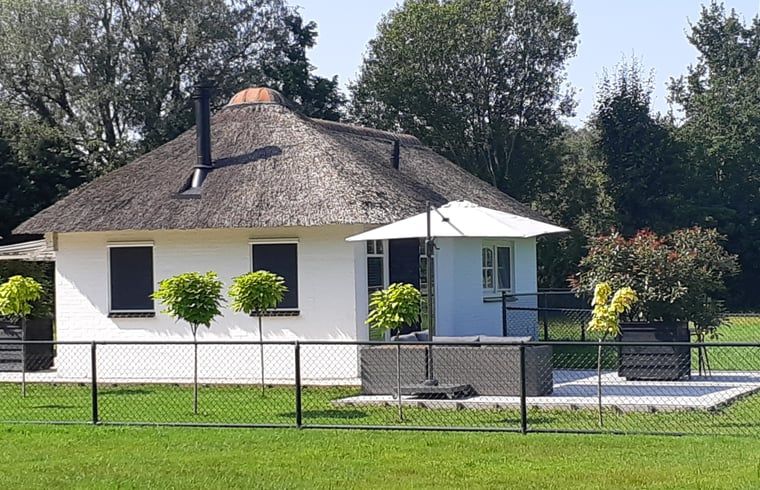 Rueckansicht des Ferienhauses in Heerde mit Terrasse und geschlossenem Garten in Gelderland.