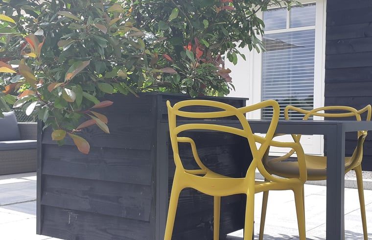 Stilvolle Essecke mit gelben Stuehlen im Ferienhaus in Heerde, Veluwe, Gelderland.