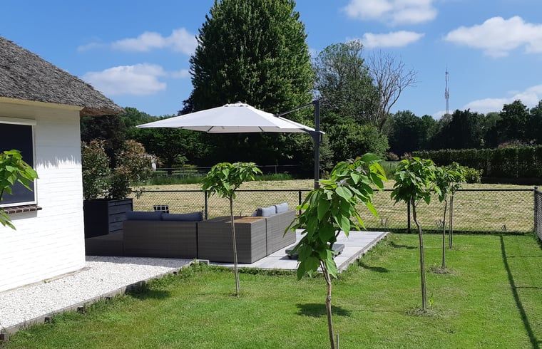 Terrasse mit Sonnenschirm im Ferienhaus in Heerde, umgeben von Gruen an der Veluwe.