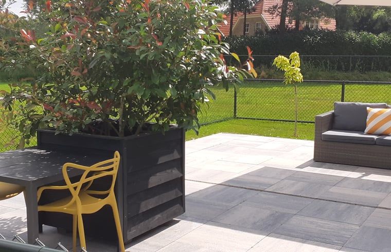 Terrasse mit Esstisch und gruener Umgebung im Ferienhaus in Heerde, Veluwe.