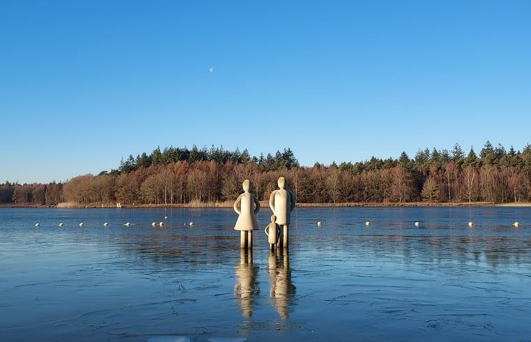Statuen in einem zugefrorenen See in der Naehe eines Ferienhauses in Heerde, Veluwe, Gelderland.