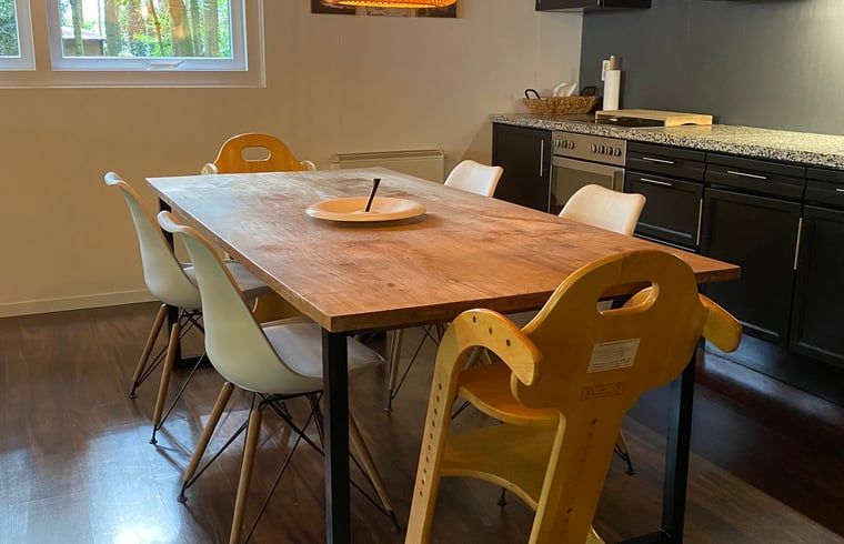 Dining table with high chair in Cottage in Hattem, vacation accommodation in Veluwe, Gelderland.