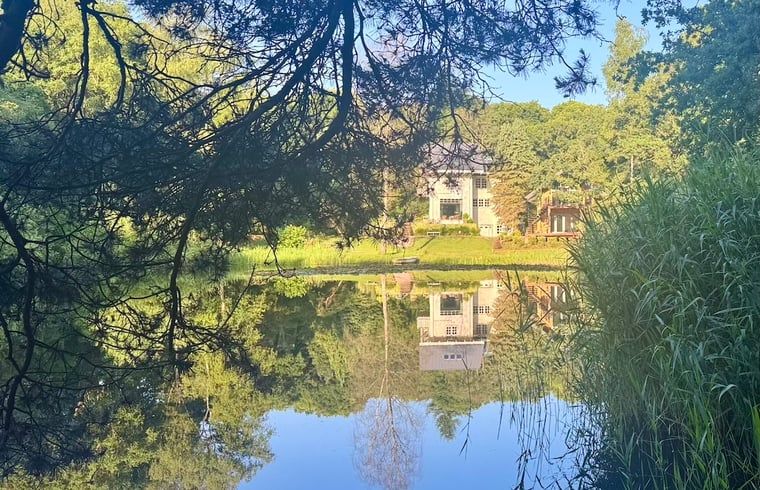 Spiegelung des Ferienhauses in Hattem in einem von gruenen Baeumen umgebenen Teich, Veluwe, Gelderland.