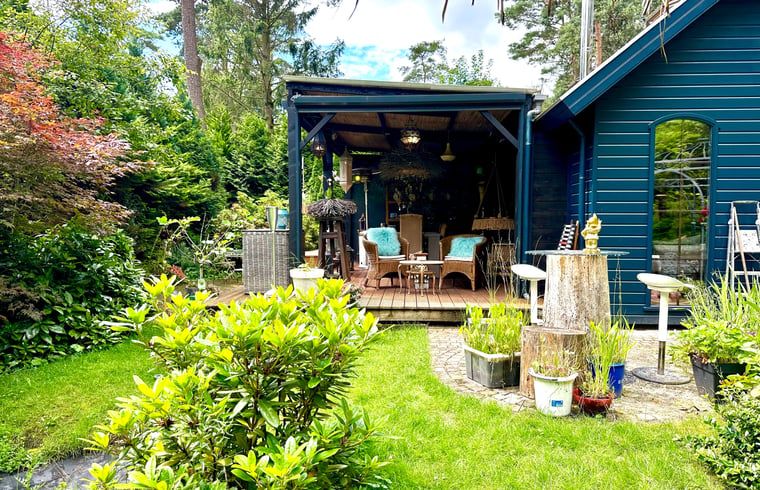 Stimmungsvolle Terrasse des Ferienhauses Doornspijk in der Veluwe, Gelderland.