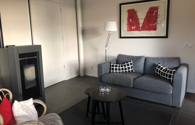 Cozy living room in Cottage in Wapenveld, a vacation home on the Veluwe in Gelderland with modern furnishings and comfortable seating area.
