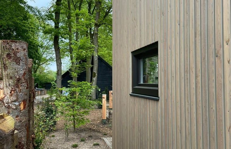 Moderne Holzfassade des Ferienhauses in Lieren, gelegen in Veluwe, Gelderland.