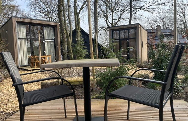 Aussenterrasse mit Blick auf ein Ferienhaus in Lieren, mitten in der Natur der Veluwe.