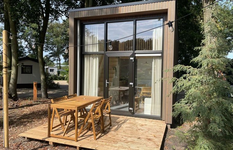 Wooden terrace at Holiday home in Lieren, surrounded by Veluwe forests.