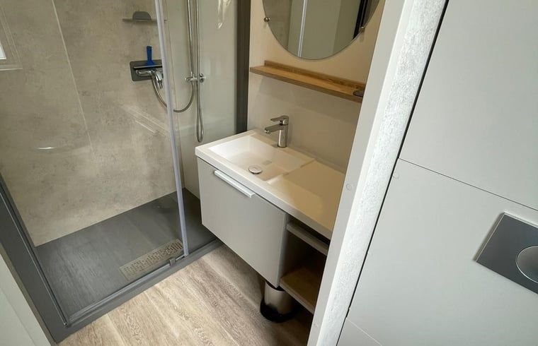 Stijlvolle badkamer in Vakantiehuis in Lieren, Veluwe, Gelderland met moderne douche en wastafel.