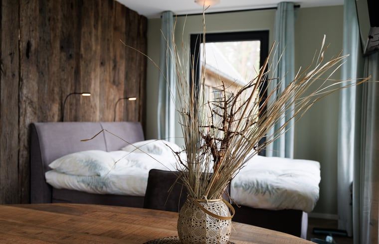 Slaapkamer in Huisje in Wekerom, vakantiewoning op de Veluwe, Gelderland met sfeervolle decoratie.