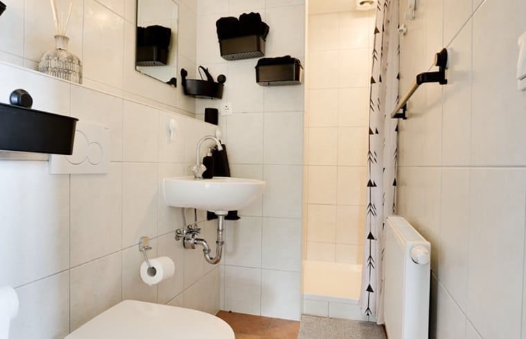 Stijlvolle badkamer in Huisje in Wekerom, vakantiehuis in Wekerom, Gelderland met moderne voorzieningen.