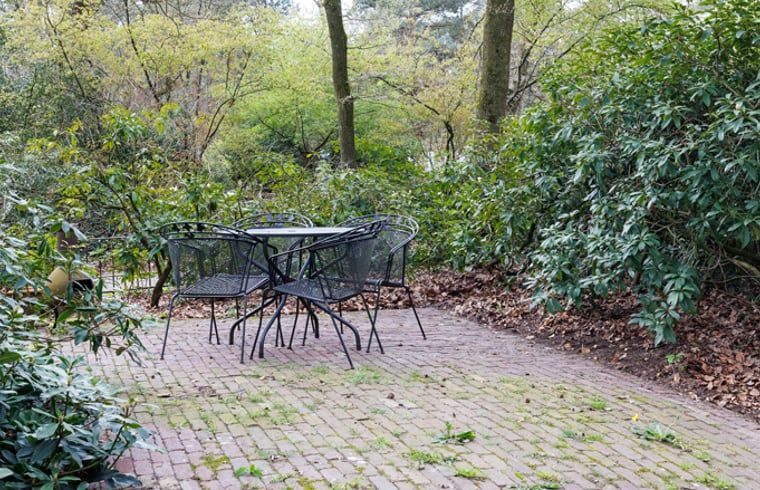 Terras in de tuin van Huisje in Wekerom, vakantiehuis op de Veluwe, perfect voor buiten dineren.