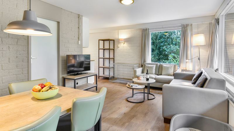 Gezellige woonkamer in Coldenhove 6-persoons hondenbungalow in Eerbeek, Veluwe, Gelderland.