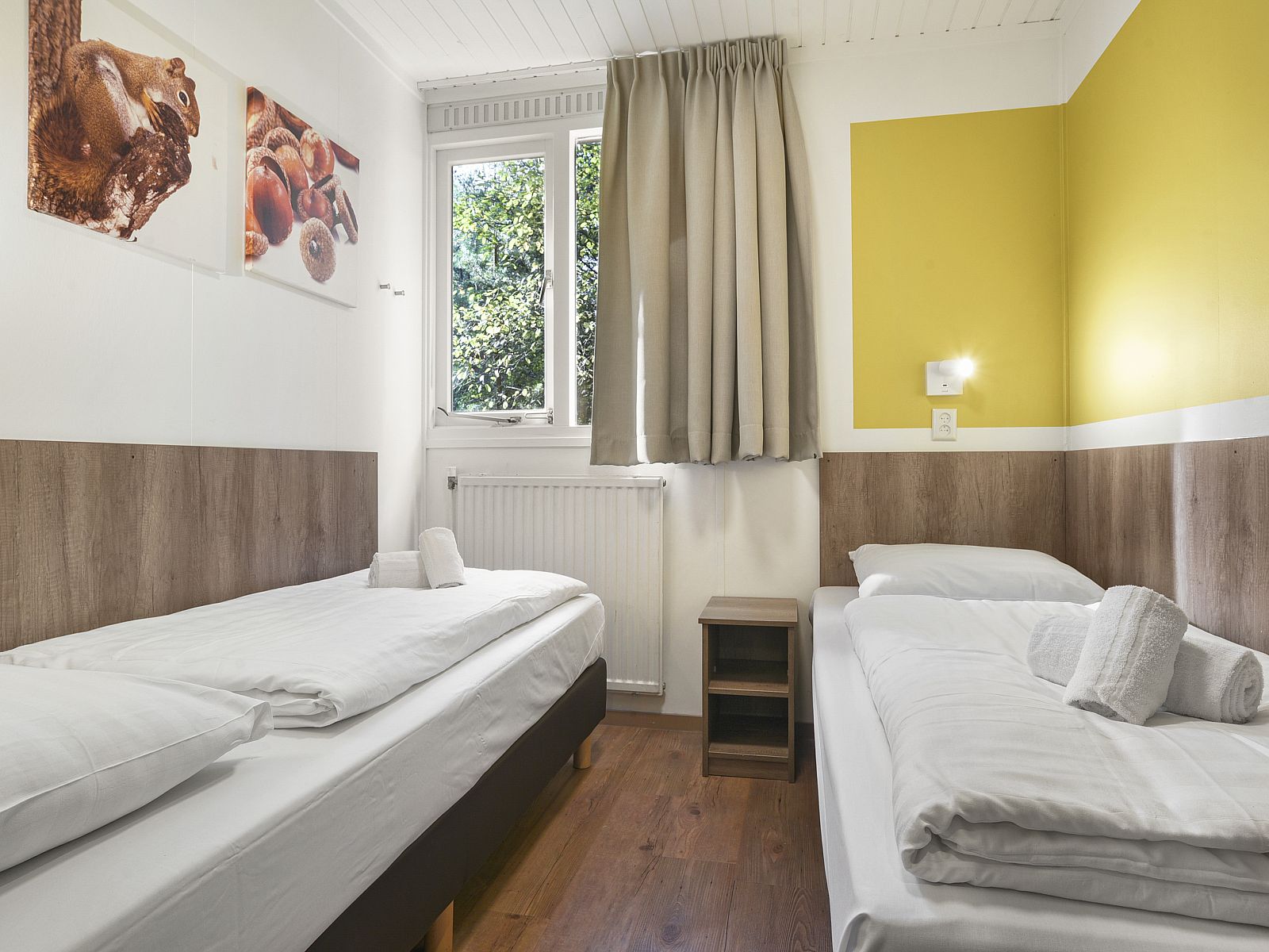 Rueckseite des 8-Bett-Bungalows Coldenhove, Eerbeek, Veluwe, umgeben von viel Gruen.