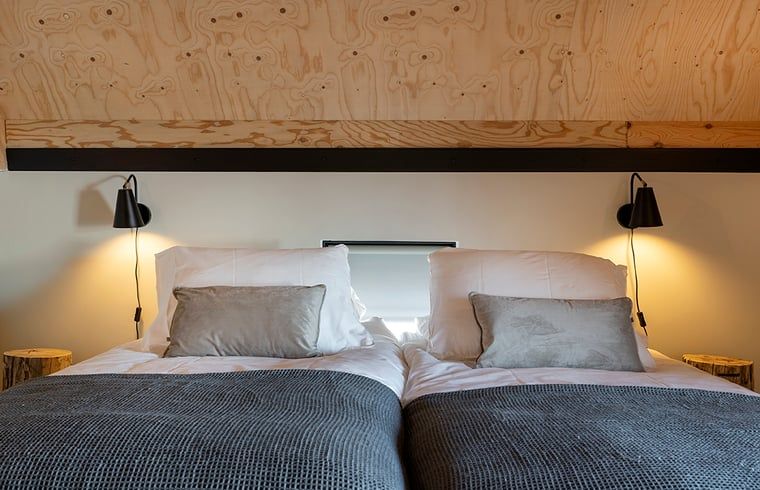 Sfeervolle slaapkamer in Huisje in Veessen, Veluwe, met comfortabele bedden en warme verlichting.