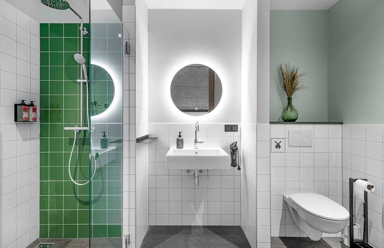 Moderne badkamer in Huisje in Veessen, Veluwe, met luxe douche en stijlvolle groene tegels.
