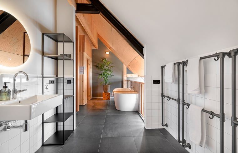 Luxe badkamer met vrijstaand bad in Huisje in Veessen, Veluwe, ideaal voor ontspanning in Gelderland.