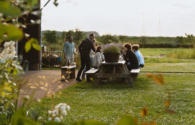 Groep mensen genietend van de tuin bij Huisje in Veessen, Veluwe, ideaal voor sociale bijeenkomsten.