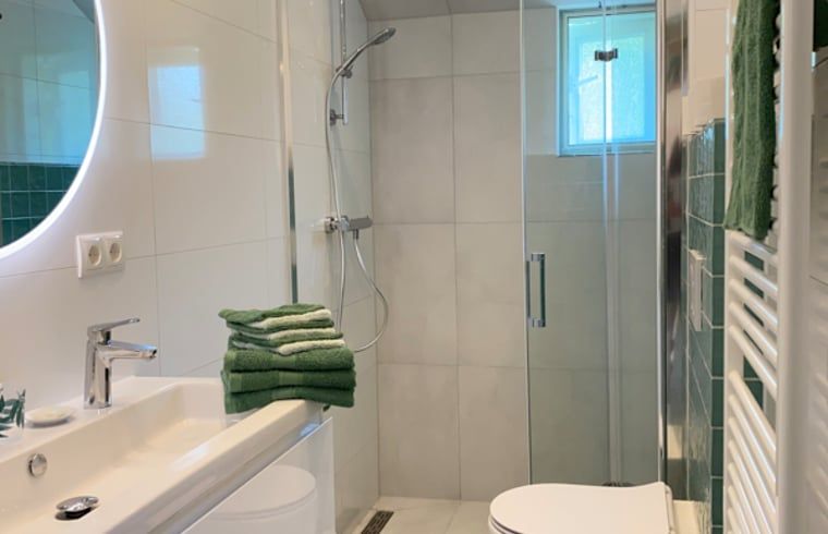 Moderne badkamer in Vakantiehuisje in Molenrij, voorzien van een ruime douche en fris design.