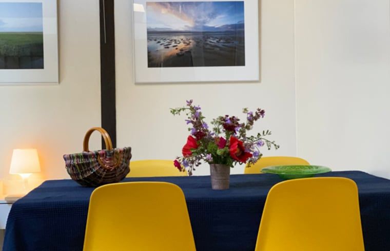 Eetruimte in Vakantiehuisje in Molenrij, met kleurrijke decoraties en gezellige sfeer.