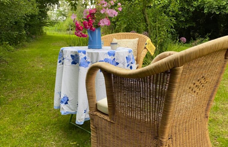 Rustieke tuinsetting bij Vakantiehuisje in Molenrij, ideaal voor een kopje koffie in de natuur.