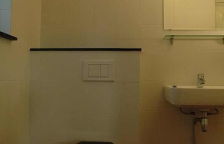 Huisje in Zevenhuizen, badkamer met wastafel en spiegel in Zuidwest Groningen, Groningen.