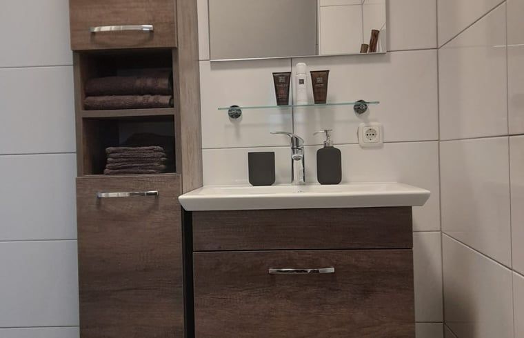 Moderne badkamer in Huisje in Marum, vakantiehuis in Zuidwest Groningen met stijlvolle inrichting.