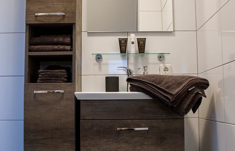 Stijlvolle badkamerinrichting in Huisje in Marum, vakantiehuis in Zuidwest Groningen met luxe details.