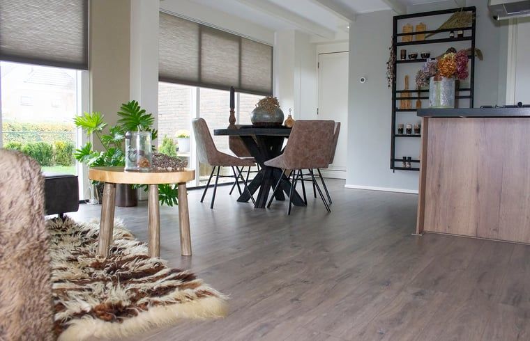 Open leefruimte in Huisje in Marum, vakantiehuis in Zuidwest Groningen met veel natuurlijk licht.