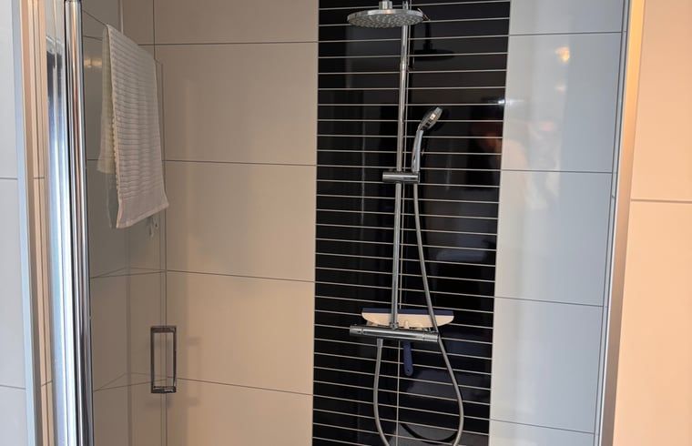 Moderne Dusche im Badezimmer des Ferienhauses in Weert, Mittellimburg, fuer hoechsten Komfort.