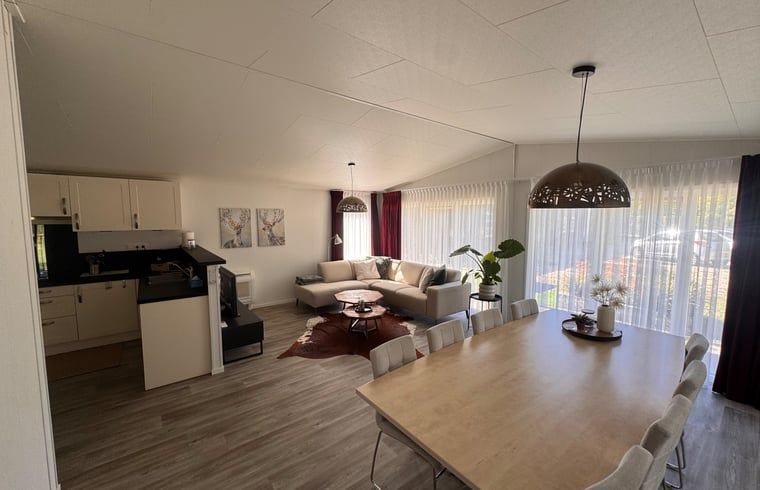 Gemuetliches Wohnzimmer im Ferienhaus in Weert, Mittellimburg, mit offener Kueche und viel Licht.