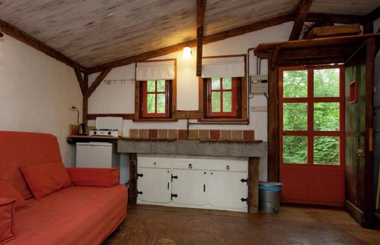 Gezellige binnenruimte van Huisje in Leudal, vakantiehuis in Midden Limburg, met rustieke houten details en uitzicht op de groene natuur.