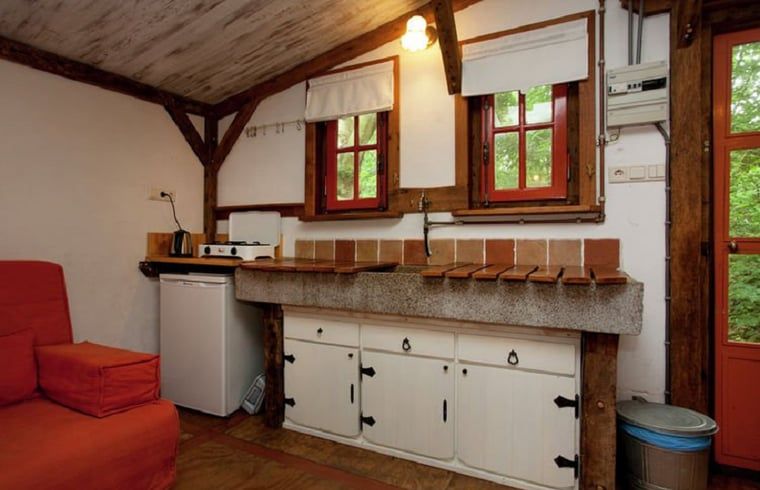 Gezellige keuken in Huisje in Leudal, vakantiehuis in Midden Limburg, met rustieke elementen en uitzicht op de groene omgeving.