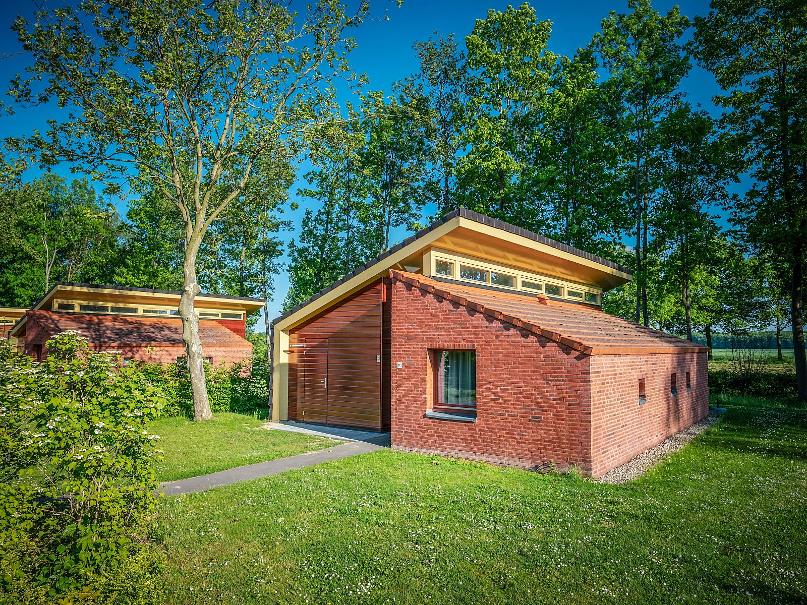 Landgoed Aerwinkel 4-persoons bungalow 4BL in Posterholt, Limburg, met moderne architectuur omringd door groene natuur.
